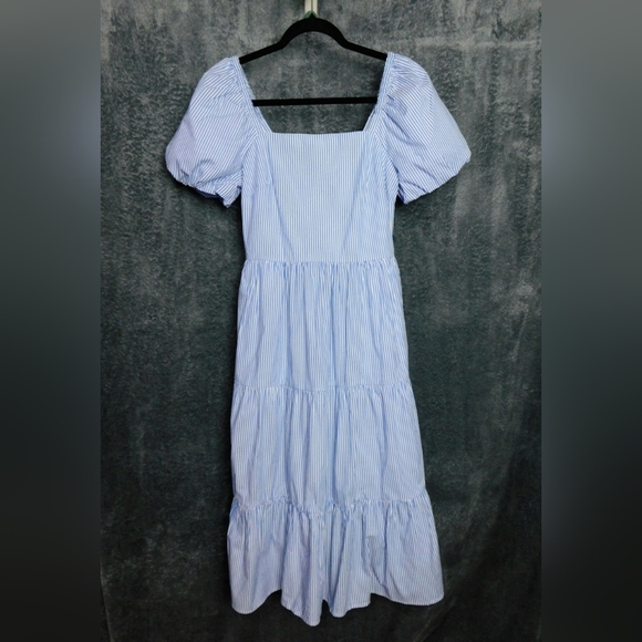 NWT J.Crew Tiered Midi Dress With Puff Sleeves Size 2 in Blue and White Stripe